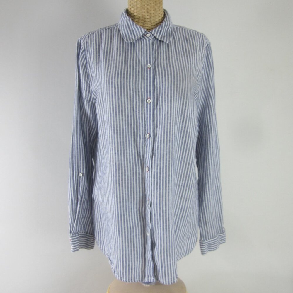 Sigrid Olsen Womens M Blue White Striped Long Sleeve 100% Linen Shirt Blouse